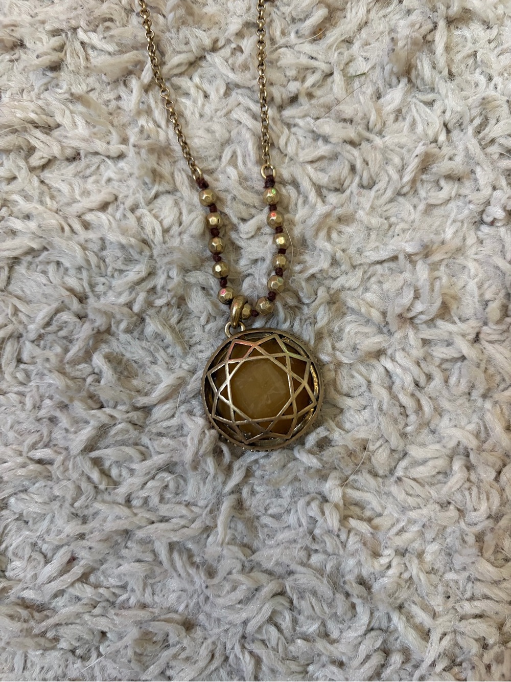 Vintage Boho Gold Tone Geometric Medallion Pendant Necklace Honey Stone